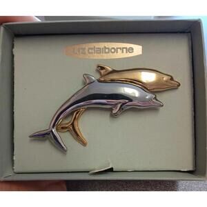 Liz Claiborne Double Dolphin Brooch Pin Silver Gold